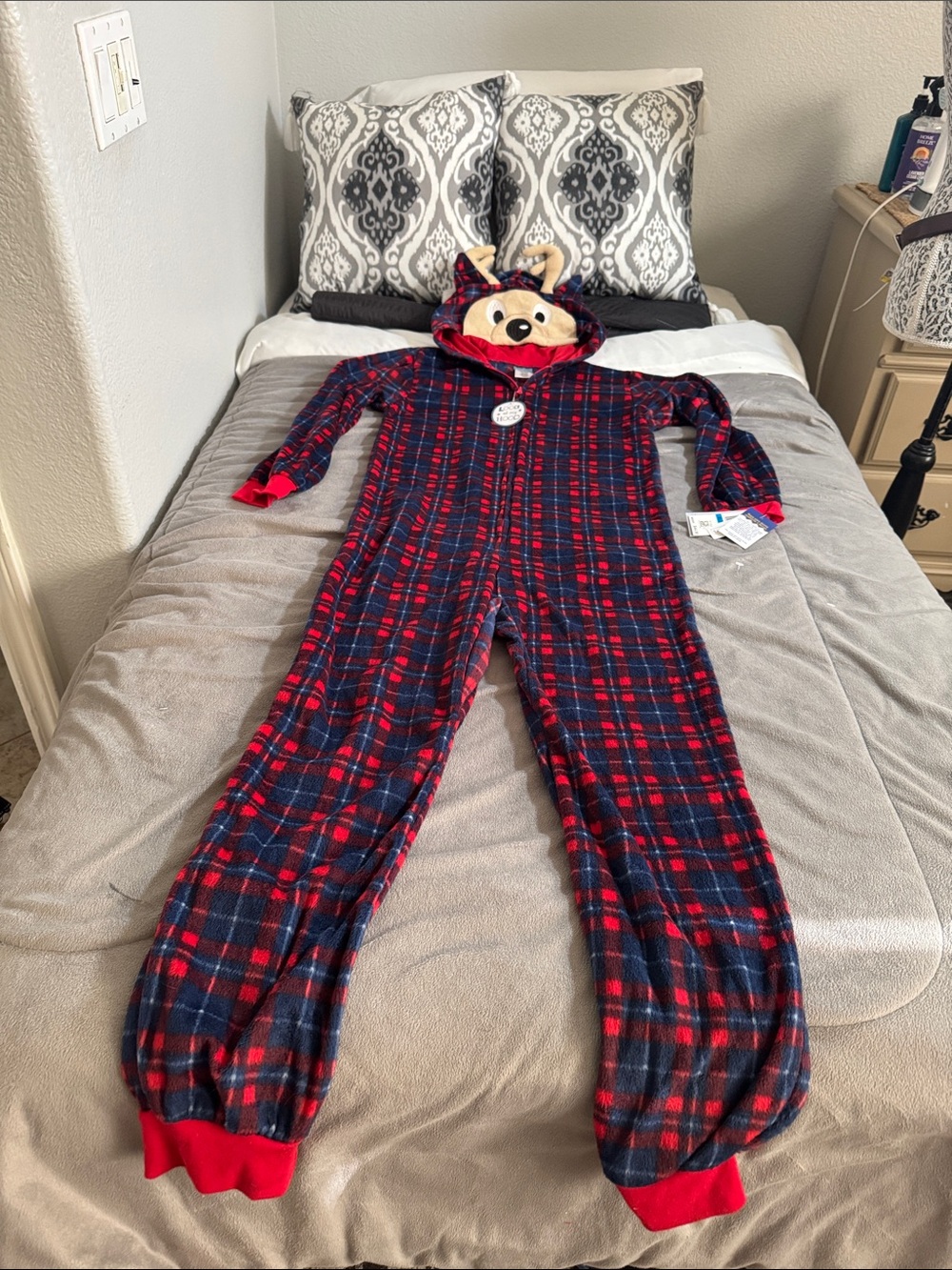 Kids Plush Red & Navy Plaid deer hooded-Footie Christmas Halloween PJ xl